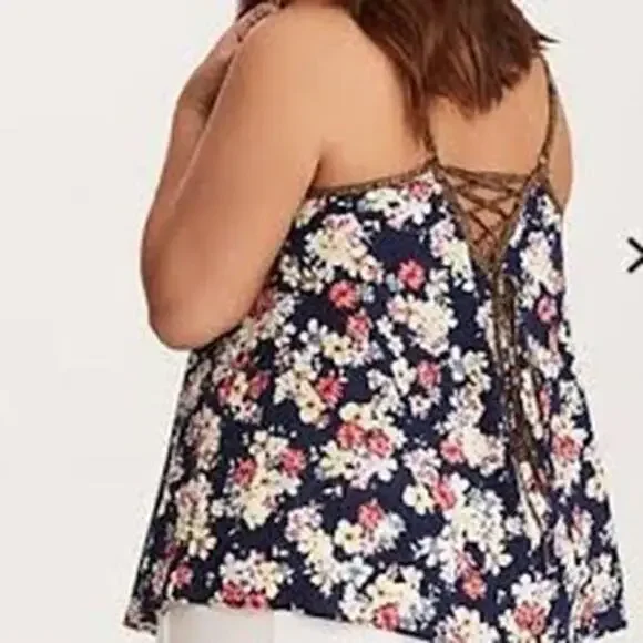 Torrid Lace Back Cami Top Navy Blue Multi-Colored Floral Print Plus Size 5 5X - Picture 13 of 16
